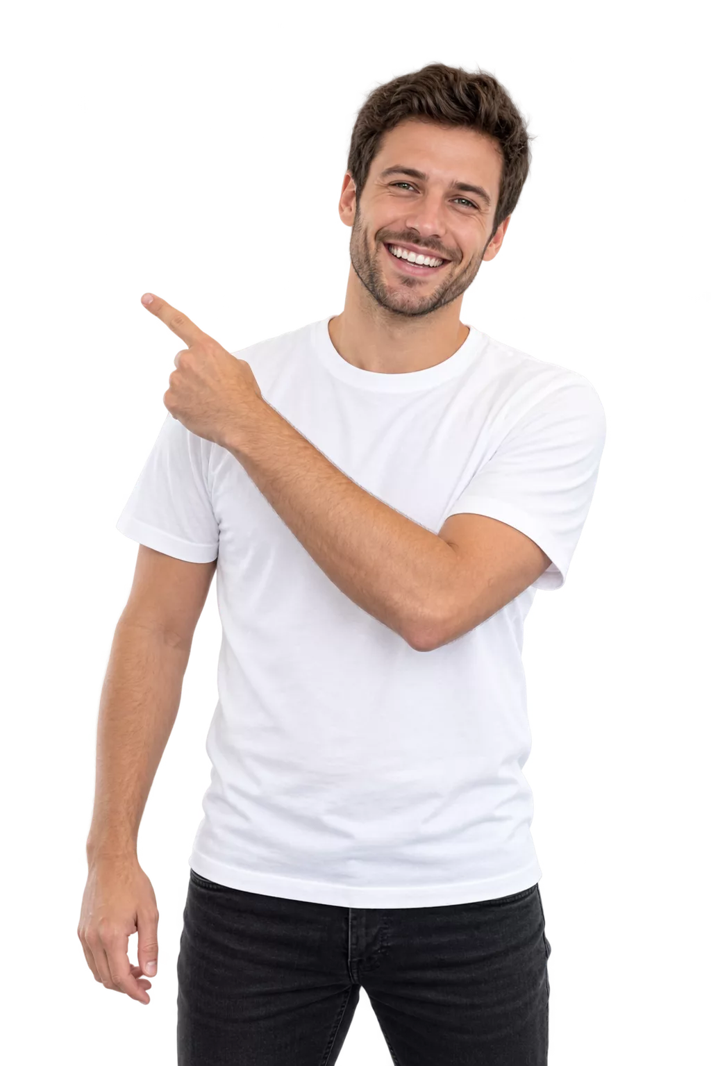 Accueil – Homme souriant pointant vers la gauche